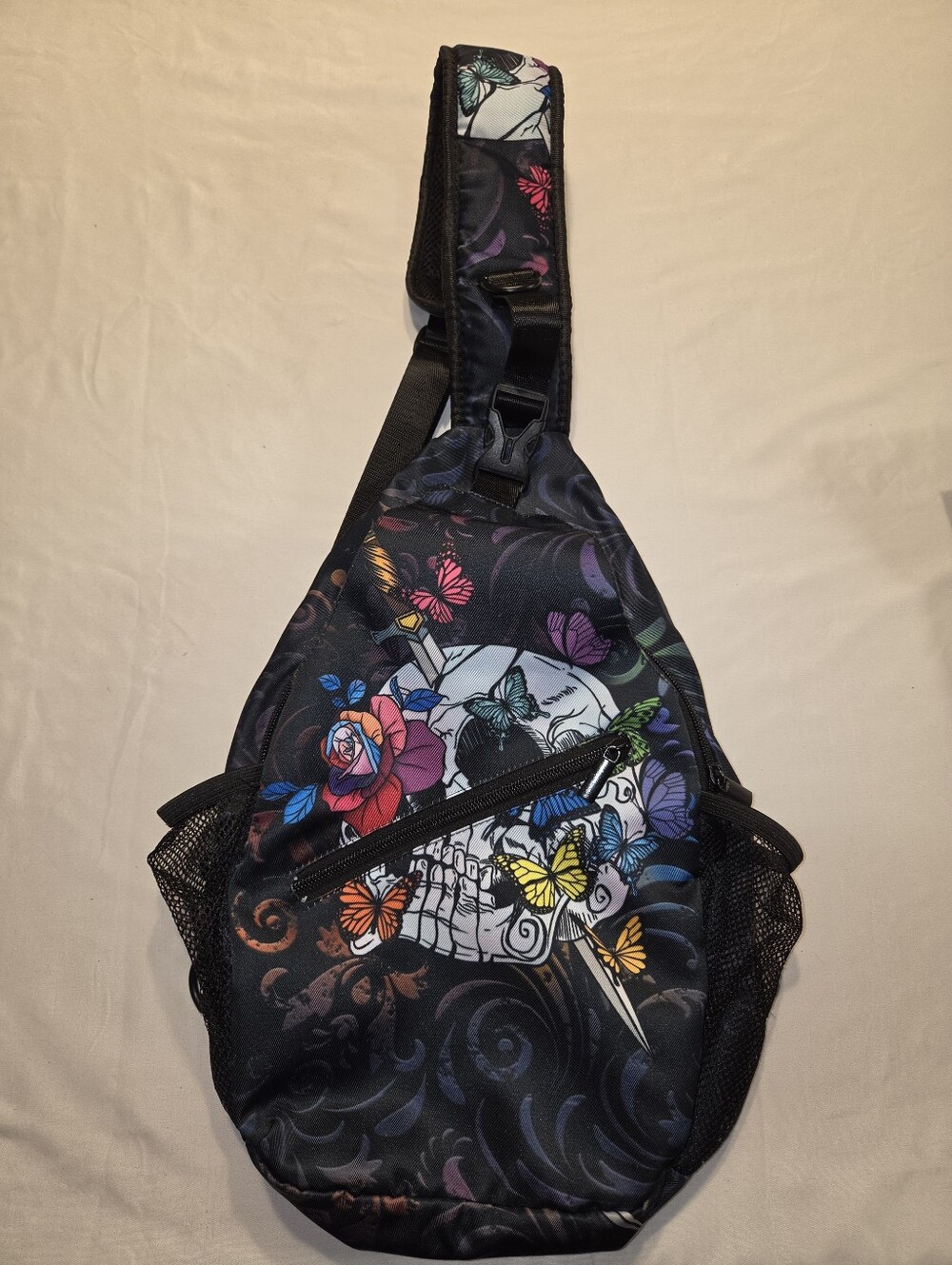 Black Floral Skull Sling Bag with Colorful Butterflies